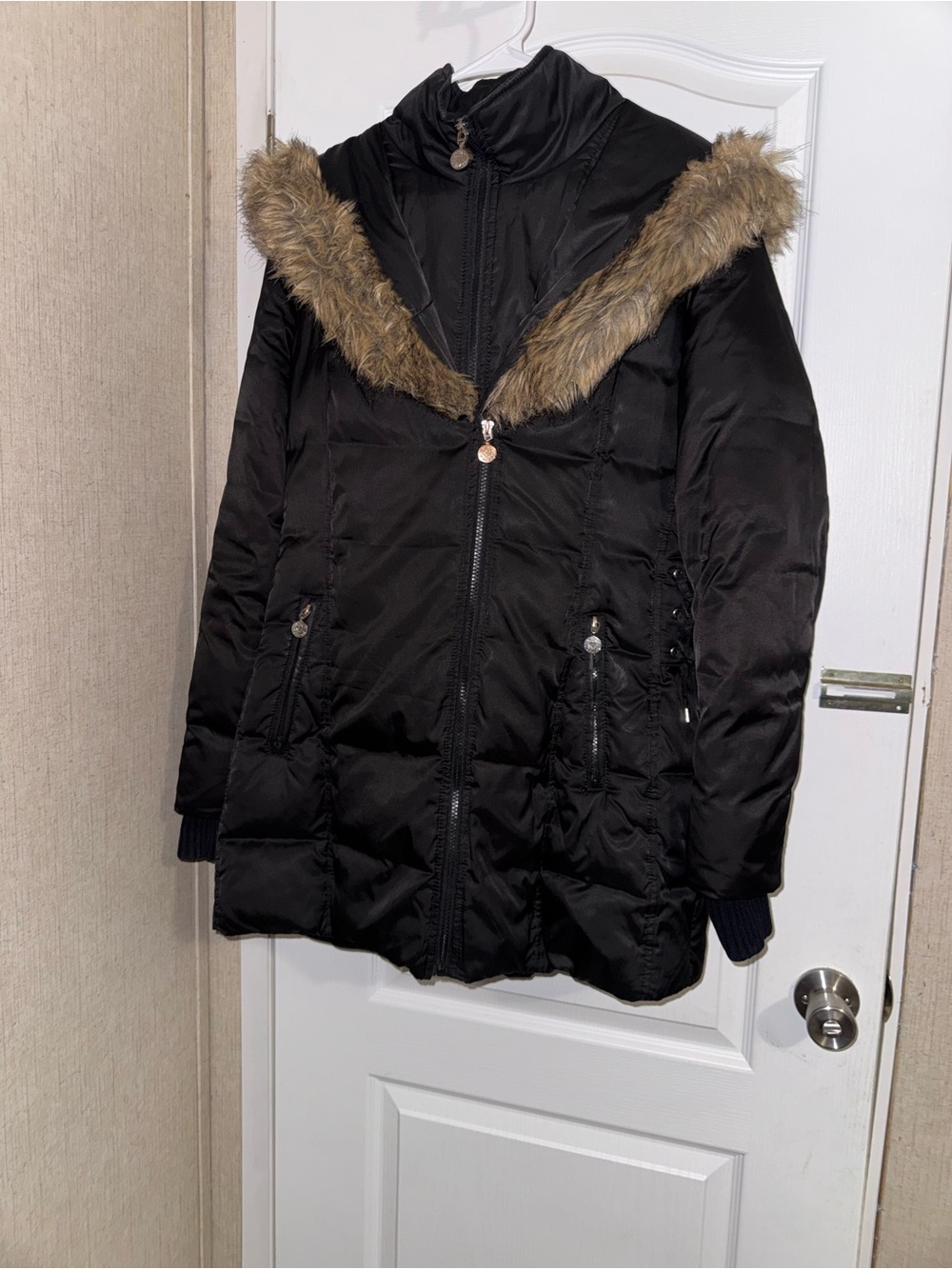 Betsey Johnson Black Puffer Jacket with Faux Fur Trim